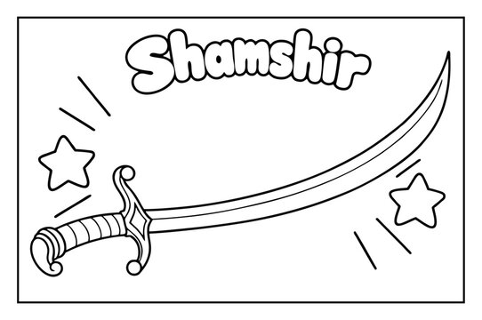 Shamshir sword black and white coloring page vector illustration for kids educational activity book