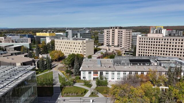Aerial view of the campus of the University of Calgary in Calgary, Alberta. 