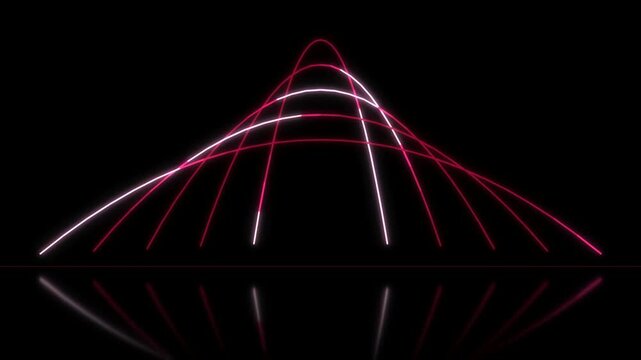 Abstract red neon light curves on black background, glowing geometric mountain shape with light trails, futuristic digital data visualization