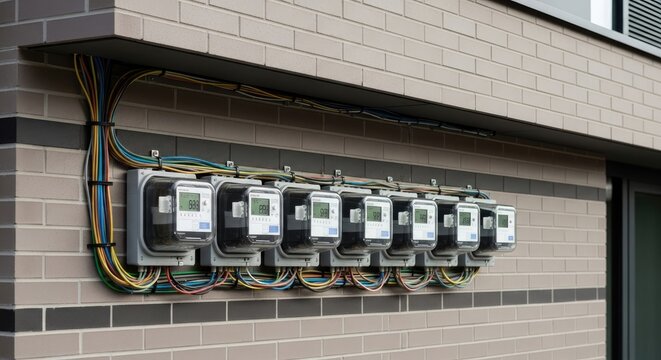 Multiple digital electricity meters are mounted on a brick wall. Numerous electrical cables run along the wall, connecting the meters.