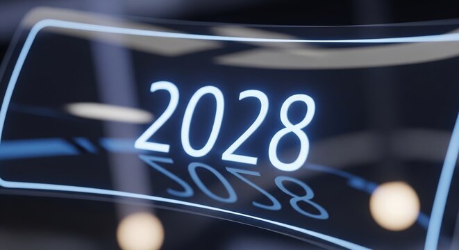 Digital Glowing Year Two Thousand Twenty Eight On Curved Transparent Screen With Soft Reflections And Blue Accents