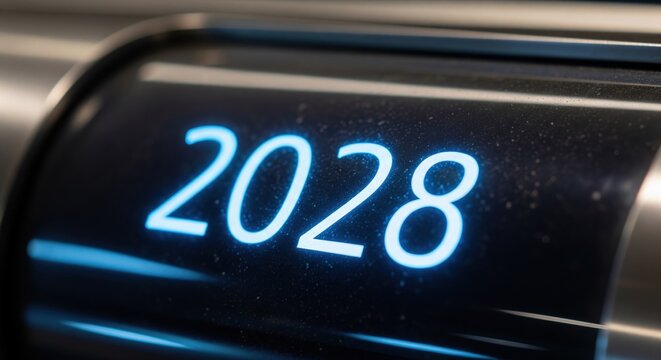 Glowing Neon Blue Year Two Thousand Twenty Eight On Dark Digital Display With Soft Particles And Metallic Frame