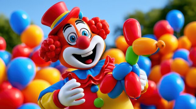 A cheerful clown holds a colorful balloon animal surrounded by vibrant, multicolored balloons