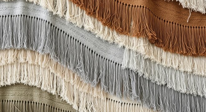 A layered textile features a textured, woven base with a fringe border. The fringe is composed of multiple shades of beige, tan, brown, gray, and white.