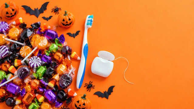 Halloween candy pile with toothbrush and dental floss on orange background - dentist and oral hygiene reminder flat lay
