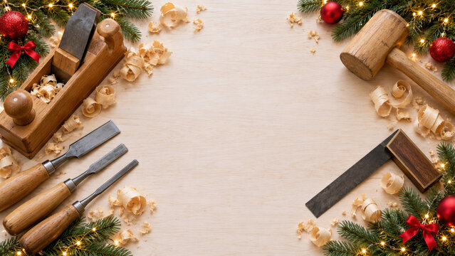 Hand plane chisels wooden mallet and try square with fir branches flat lay - Christmas carpenter woodworking background