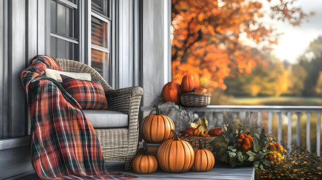 A stack of pumpkins on a porch next to a rocking chair