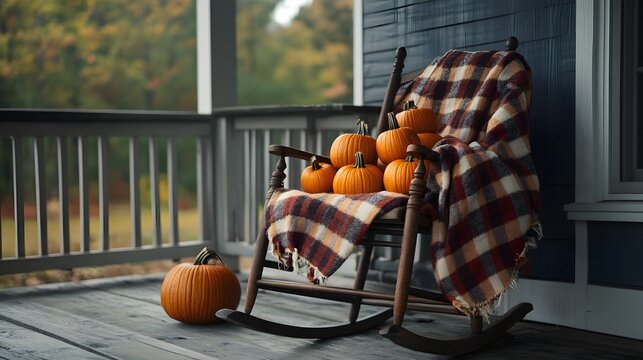 A stack of pumpkins on a porch next to a rocking chair