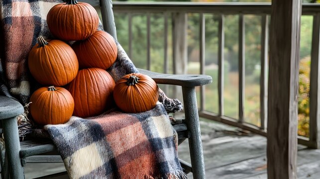 A stack of pumpkins on a porch next to a rocking chair