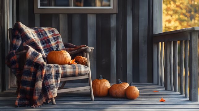 A stack of pumpkins on a porch next to a rocking chair