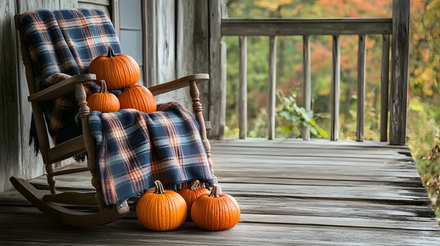 A stack of pumpkins on a porch next to a rocking chair