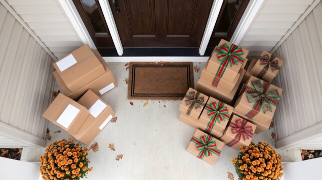 Wrapped christmas presents and delivery boxes sitting on house porch doorstep with holiday gifts package delivery front door christmas shopping