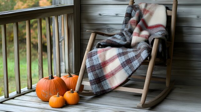 A stack of pumpkins on a porch next to a rocking chair