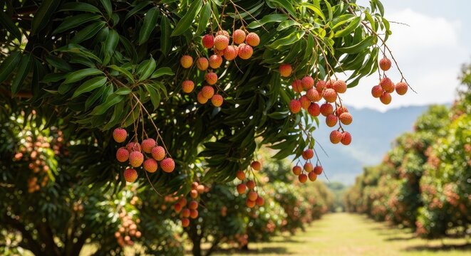 A lychee tree laden with ripe, orange lychees hangs over a lush orchard.
