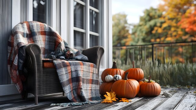 A stack of pumpkins on a porch next to a rocking chair