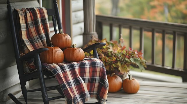 A stack of pumpkins on a porch next to a rocking chair