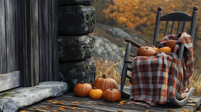 A stack of pumpkins on a porch next to a rocking chair