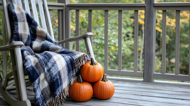 A stack of pumpkins on a porch next to a rocking chair