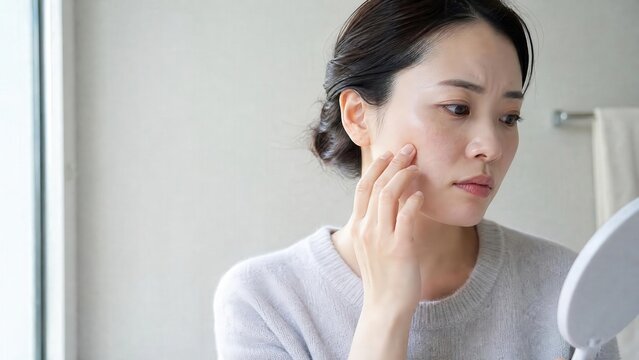 Woman checking her cheek in a bathroom mirror