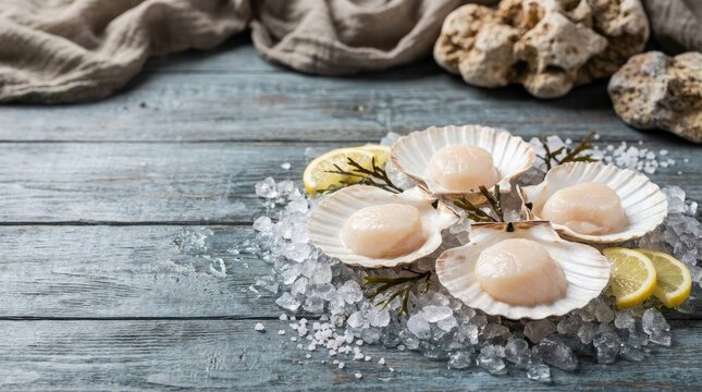 Fresh scallops sit on a bed of crushed ice, nestled within their shells. Lemon wedges and sea salt are arranged around the scallops.