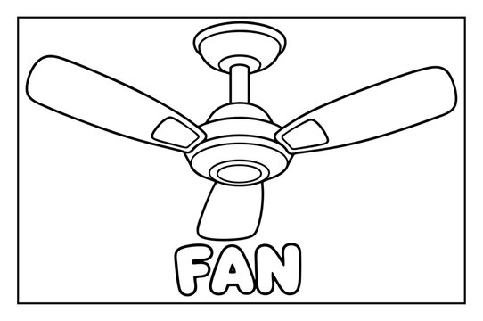Ceiling fan coloring page vector illustration featuring bold outlines and educational text for children