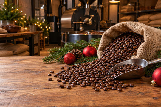 Roasted coffee beans spilling from burlap sack with scoop and pine sprigs - Christmas coffee roastery background