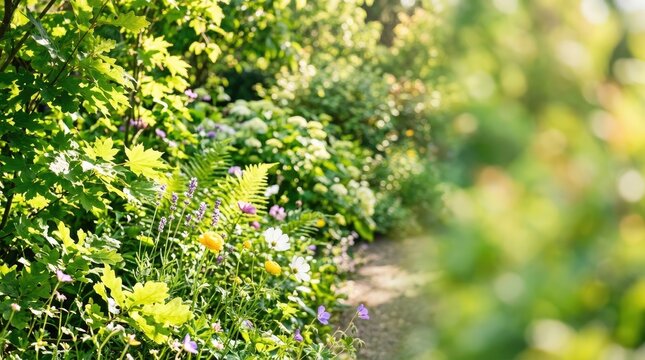 Sunlight filters through a lush green hedge, illuminating a vibrant wildflower meadow. Ferns and other leafy plants create a dense, textured foreground, while a path meanders into the distance.