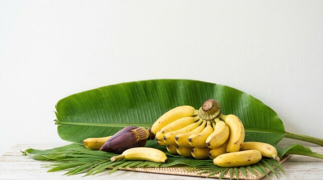 A bunch of ripe yellow bananas rests on a woven basket, accompanied by a large banana leaf. A purple banana is also present.