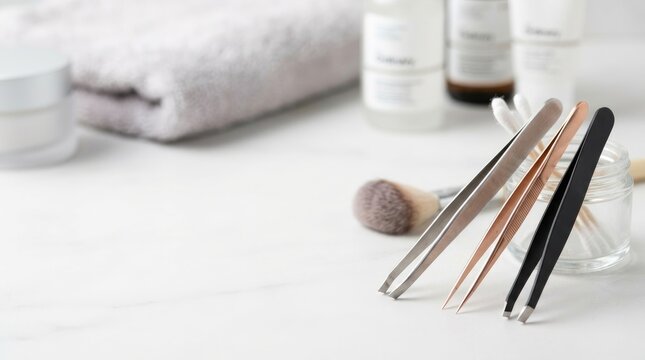 A set of tweezers rests on a white marble surface next to skincare products and makeup tools. A fluffy towel is partially visible in the background.