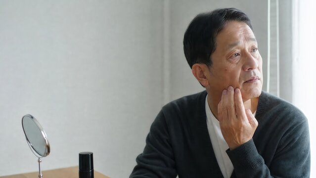 Older man touching his cheek beside a vanity mirror