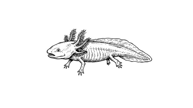 Detailed vintage axolotl sketch for educational and aquatic animal themes.