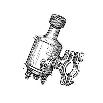 Bicycle generator bottle dynamo hand drawn sketch in vintage engraving style for lighting power source.