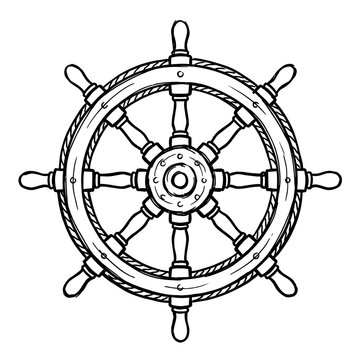 Nautical ship steering wheel hand drawn line art sketch for maritime and ocean adventure designs.