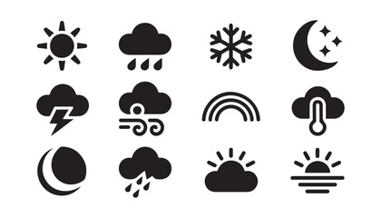Fototapeta premium Collection of weather forecast icons featuring sun moon clouds storm and rainbow for web usage.