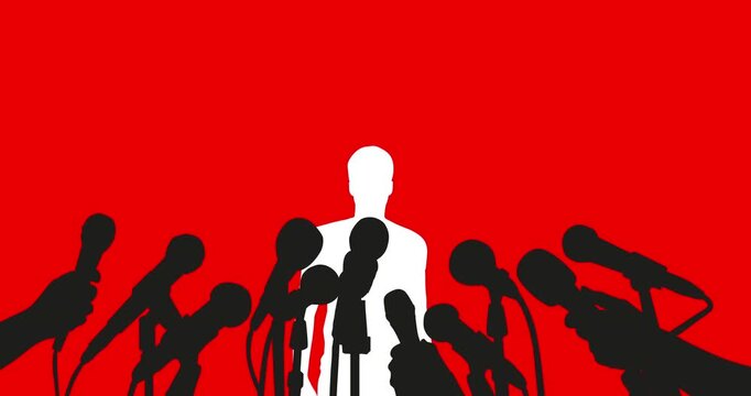 Man At Press Conference Speaking To Media With Multiple Microphones And Reporters Silhouette