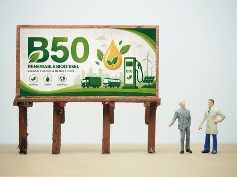 Mini toy of action figure at outdoor with blurred background. Miniature photography concept design. Minifigure of people with B50 picture at poster banner. Ads billboard.