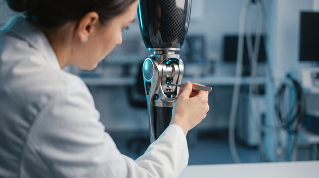 Biomedical engineer adjusting robotic prosthetic limb in a laboratory
