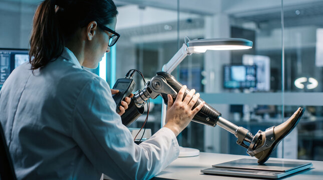 Scientist testing bionic leg and calibration tools in research lab