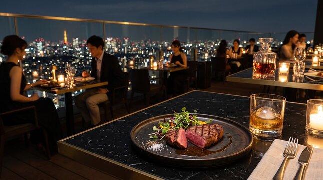 Steak dish rooftop restaurant table, whiskey glass lit candle, city skyline tower night lights background. Fine dining rooftop restaurant theme