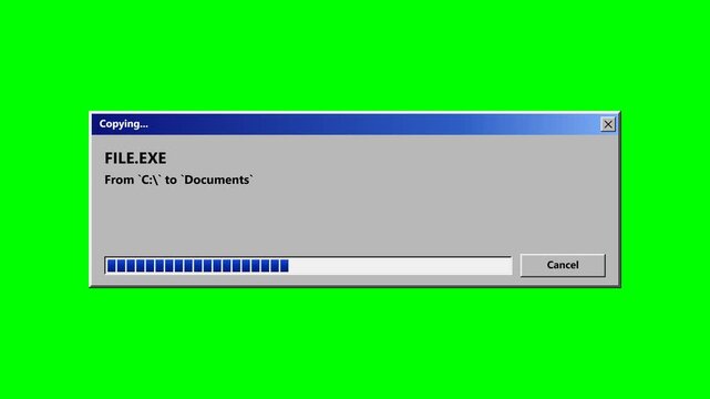 Retro Windows Style File Copying Progress Bar Loading Dialog Box on Green Screen Background