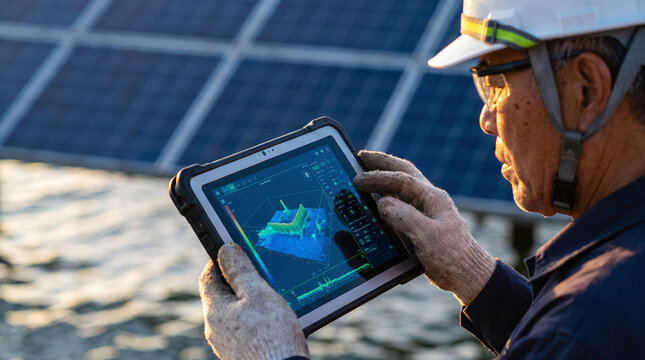Engineer using rugged tablet to view industrial data interface