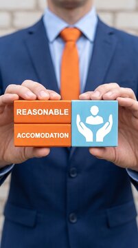 Businessman in Suit Holding Reasonable Accommodation Cards with Disability Inclusion Icons &ndash; Workplace Accessibility Rights and Equal Opportunity Concept