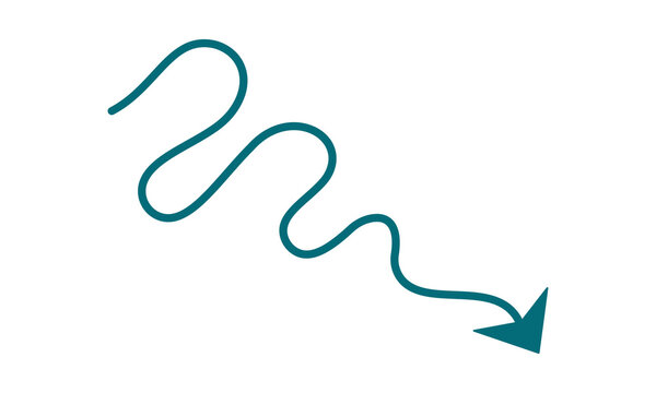 Teal arrow with a wavy, serpentine body points downward and right, signifying descent or a winding path.
