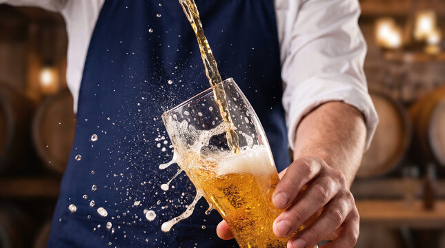Bartender pouring Spanish cider into glass in a rustic cellar