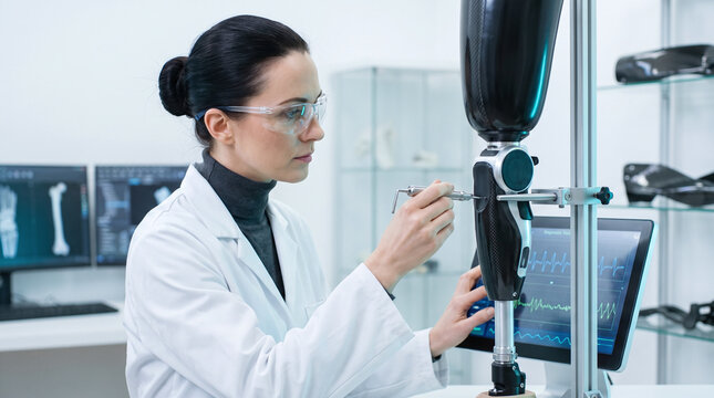 Female engineer calibrating bionic leg prosthetic in a research laboratory