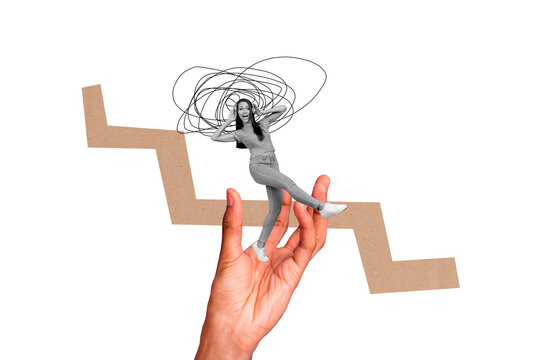 Creative picture collage human hand body fragment crazy freak girl laughter step walk palm arm drawing doodles mind disorder mess