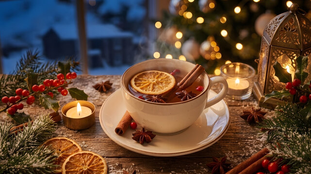 Christmas spiced tea surrounded by fir branches