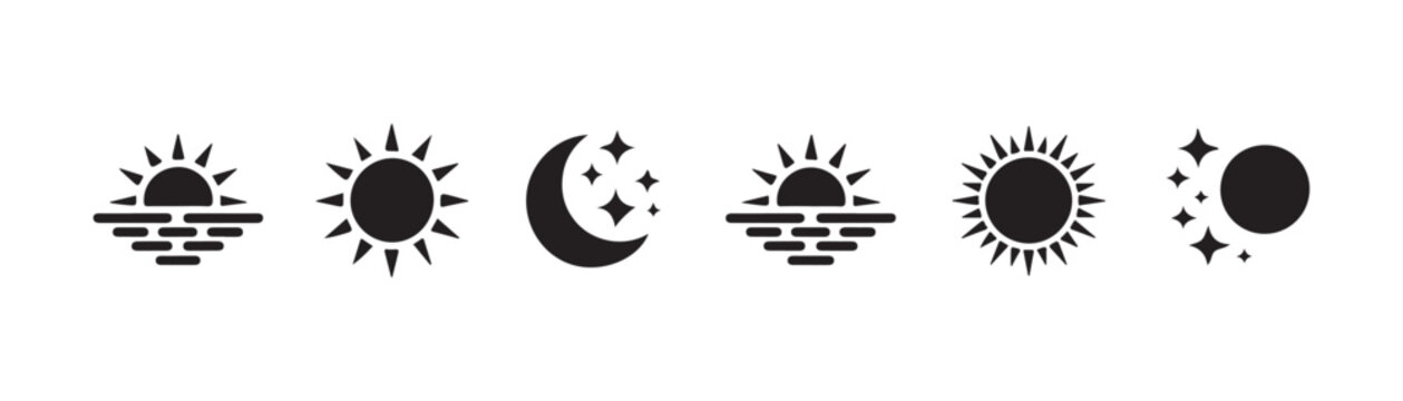 Black silhouette sun and moon icons, sunrise sunset and night sky design elements.