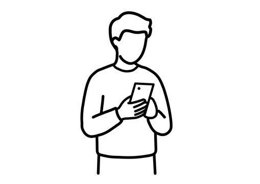 Young guy using mobile phone line art doodle drawing for coloring page or design element.