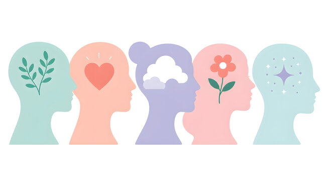Five colorful human head silhouettes featuring various icons representing mental health wellness mindfulness emotions and positive personal growth and development